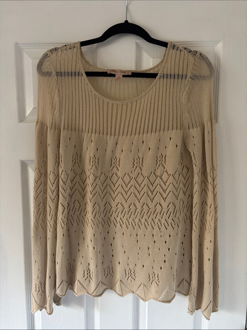Alberta Ferretti Cream Openwork Scoop-Neck Knit Sweater